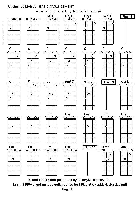 Chord Grids Chart of chord melody fingerstyle guitar song-Unchained Melody - BASIC ARRANGEMENT,generated by LickByNeck software.